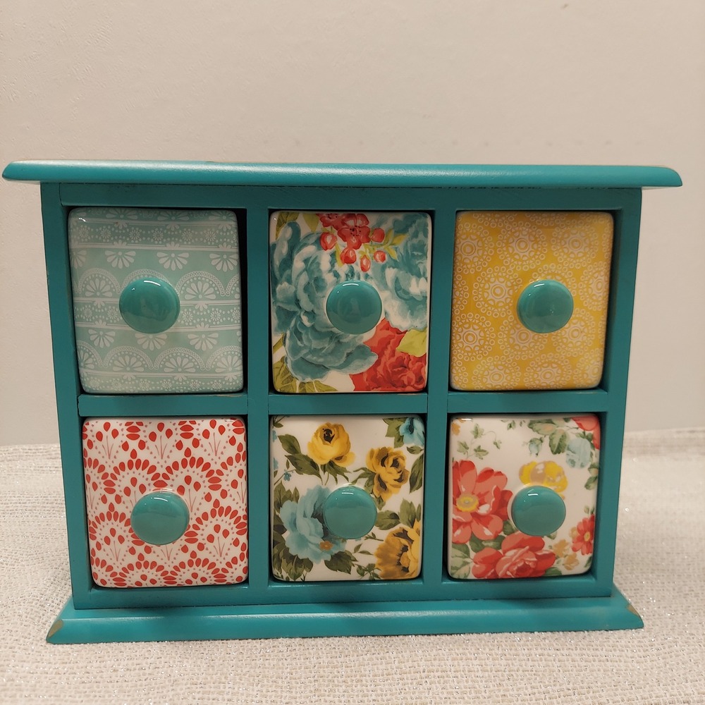 Pioneer Woman Teal Wooden Spice Rack with 6 Floral Ceramic Drawers Organizer